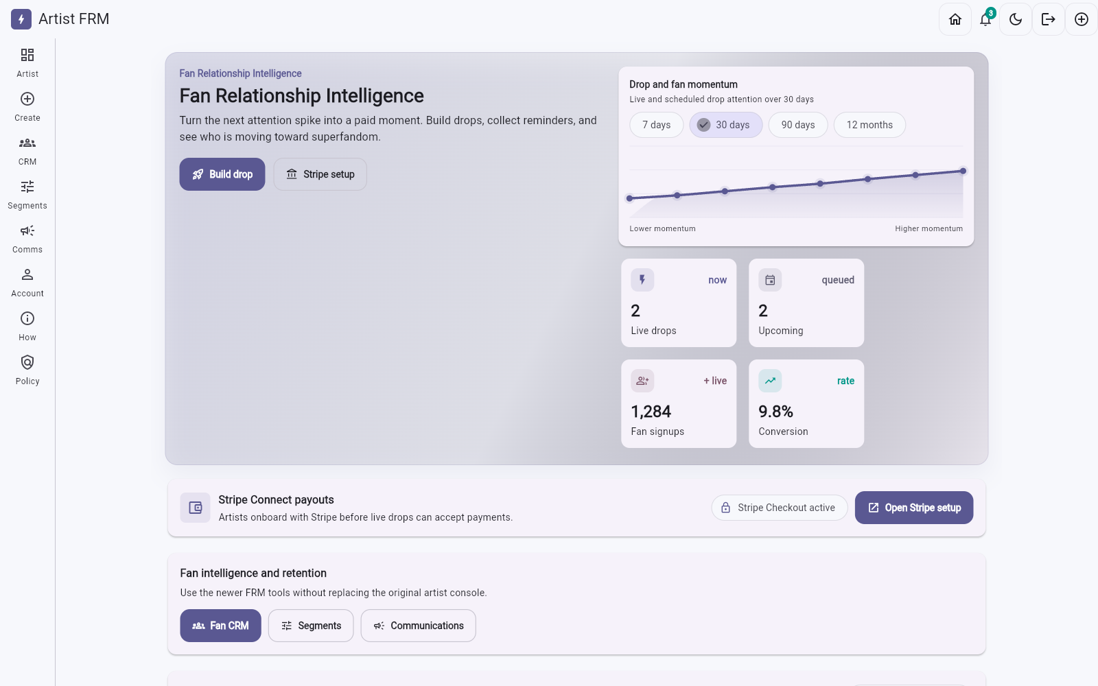 MomentLab artist dashboard screenshot