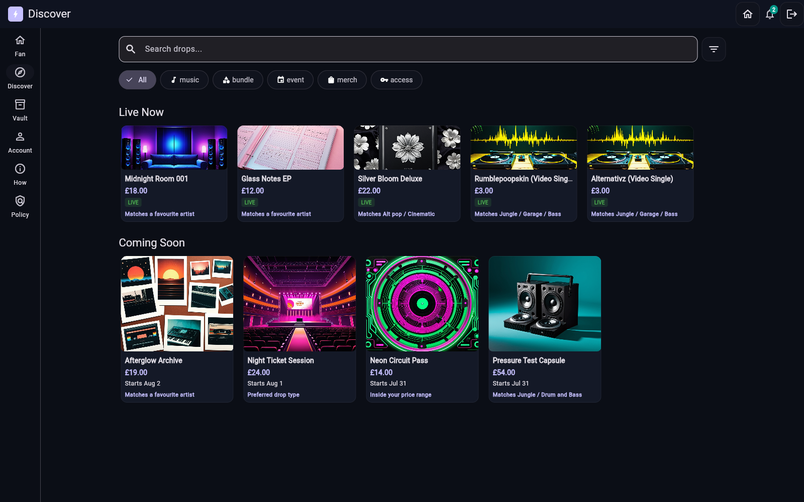 MomentLab fan discovery interface with sample drops