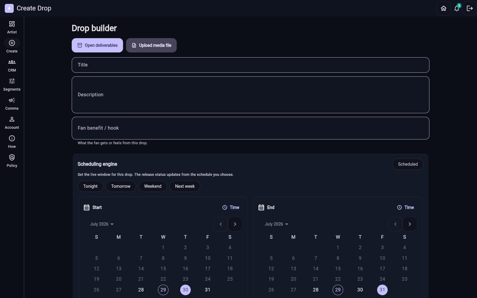 MomentLab artist drop builder interface
